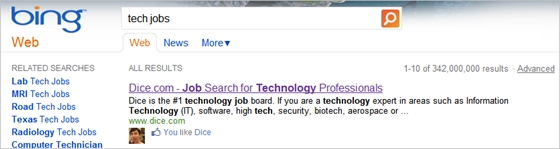Searching for "Tech jobs" on Bing