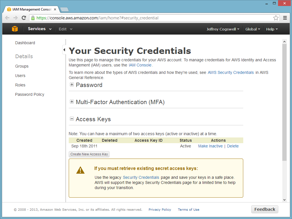 AWS Creat Access Key Screen