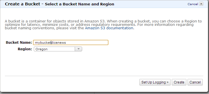AWS Create Bucket Screen