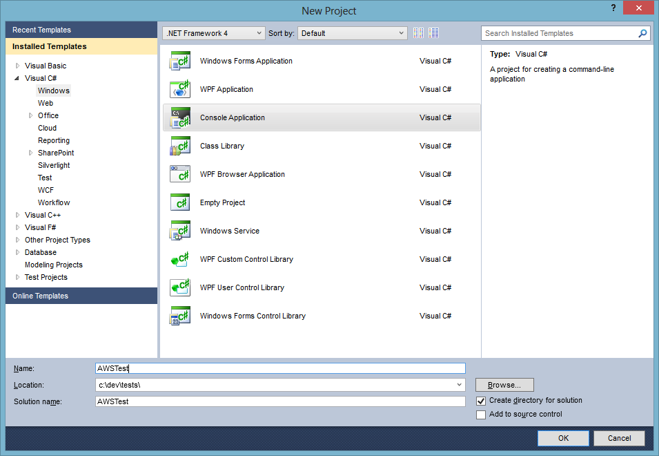 Create New C# Project Screen in VS