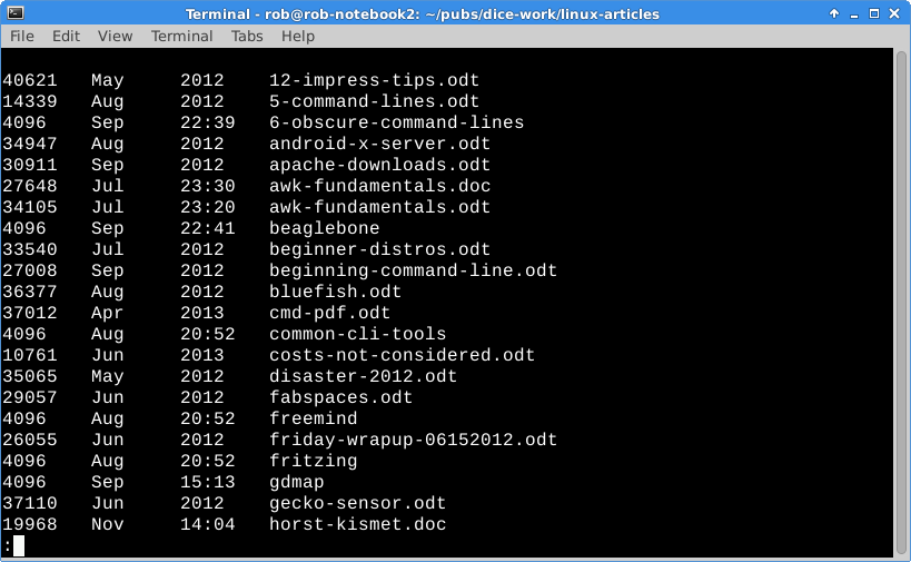 Output of ls awk less