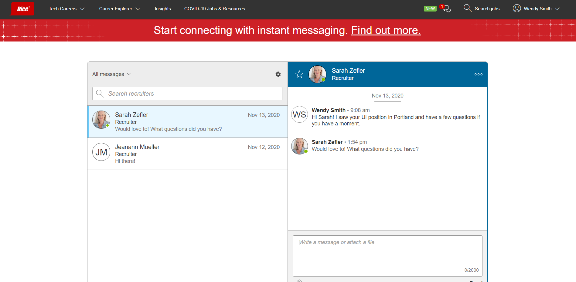 Dice instant messaging example.