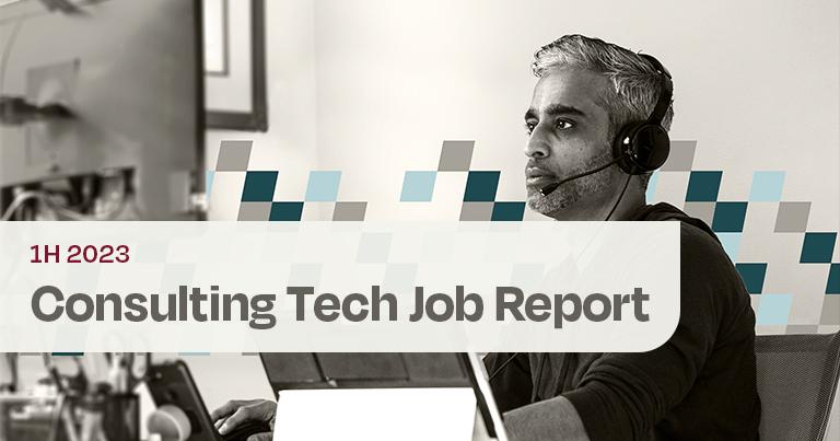 Dice consulting tech job report cover image with a consulting professional working