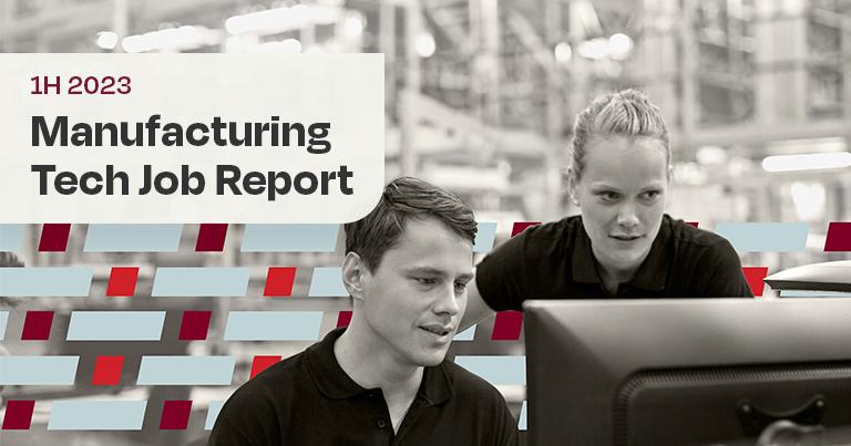 Dice manufacturing tech job report cover - two manufacturing tech professionals working together