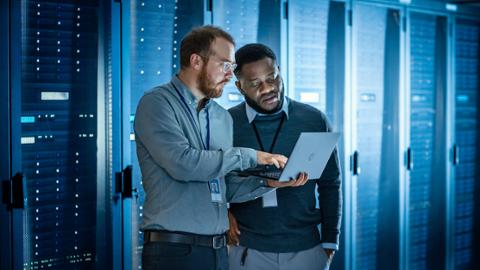 Cybersecurity analyst showing colleague important project information