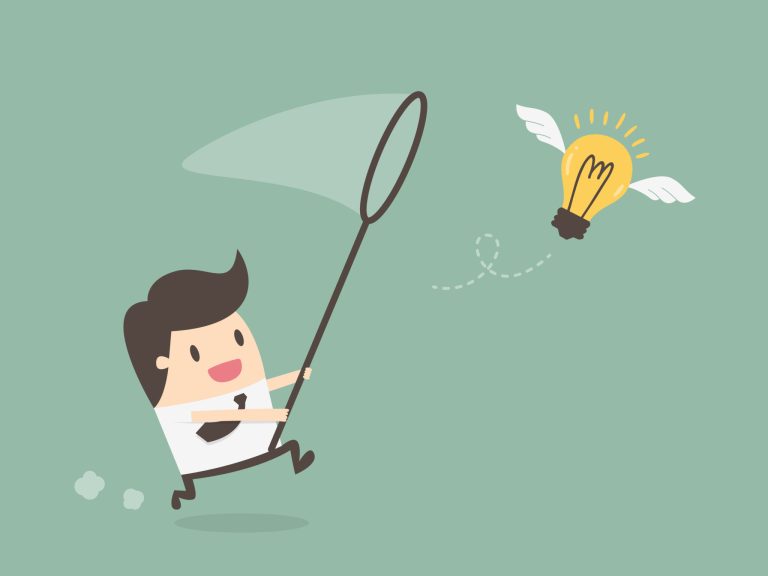 cartoon person chasing flying idea
