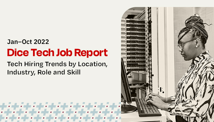 A person types on a keyboard beside computer servers. Text reads Dice Tech Job Report 2022 - tech hiring trends by location, role, and industry.