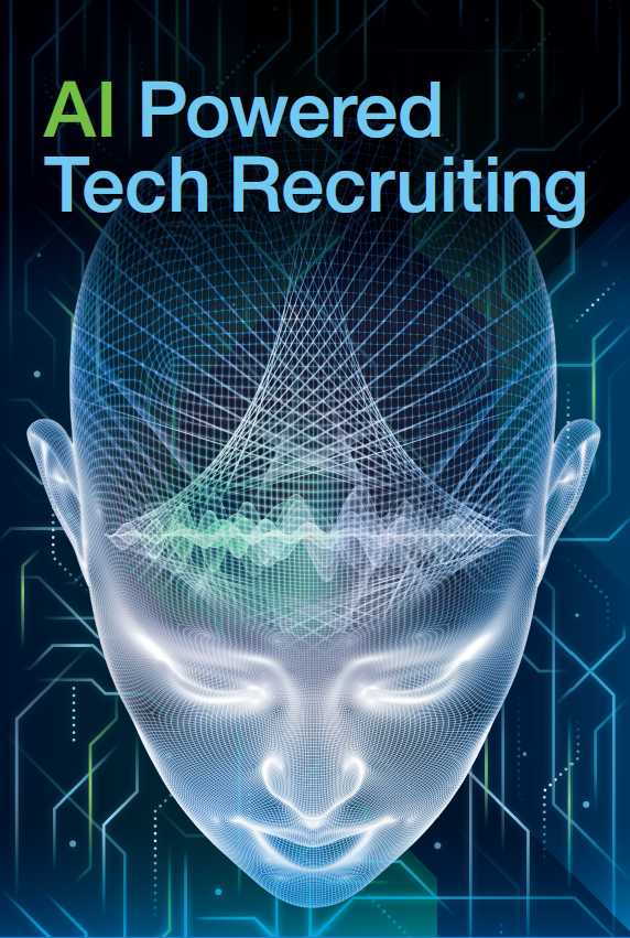 A digital wireframe of a human head with intricate patterns suggests AI processing. Text reads "AI Powered Tech Recruiting."