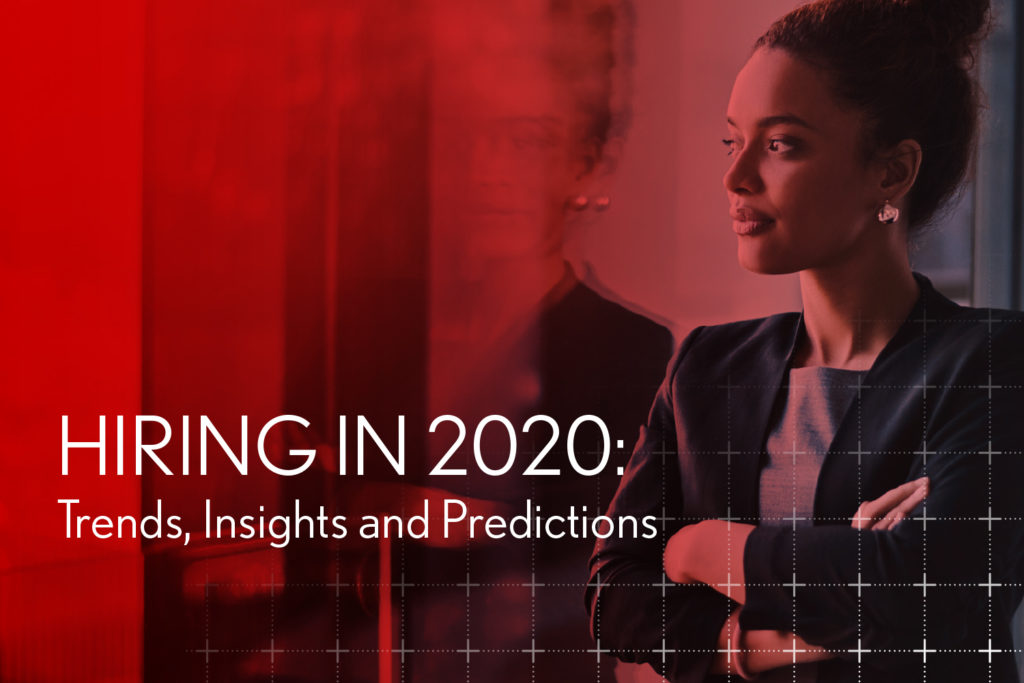 Dice hiring trends 2020 report cover with business professional in office.