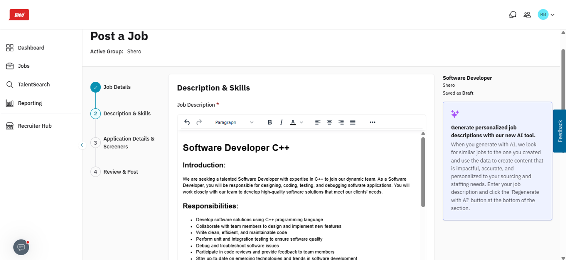 Create and publish your tech job in minutes, with optional AI-powered guidance to strengthen your job description.